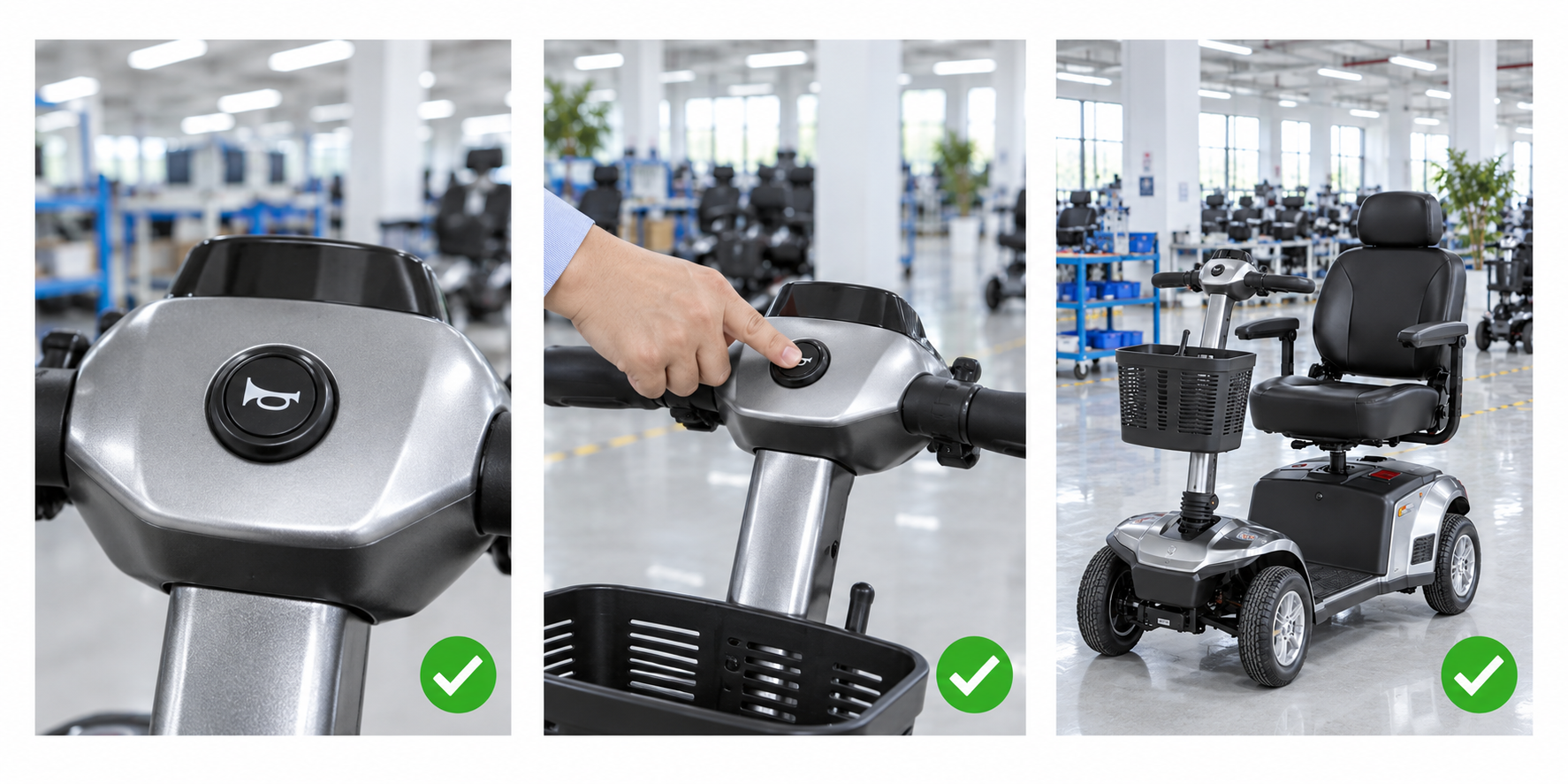 Photoreal mobility scooter horn button review chart showing product identity, component, sample, service check and blank record