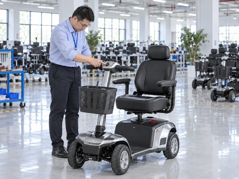 Illustrative East Asian product team reviewing the horn button on a complete mobility scooter in a mainland China showroom