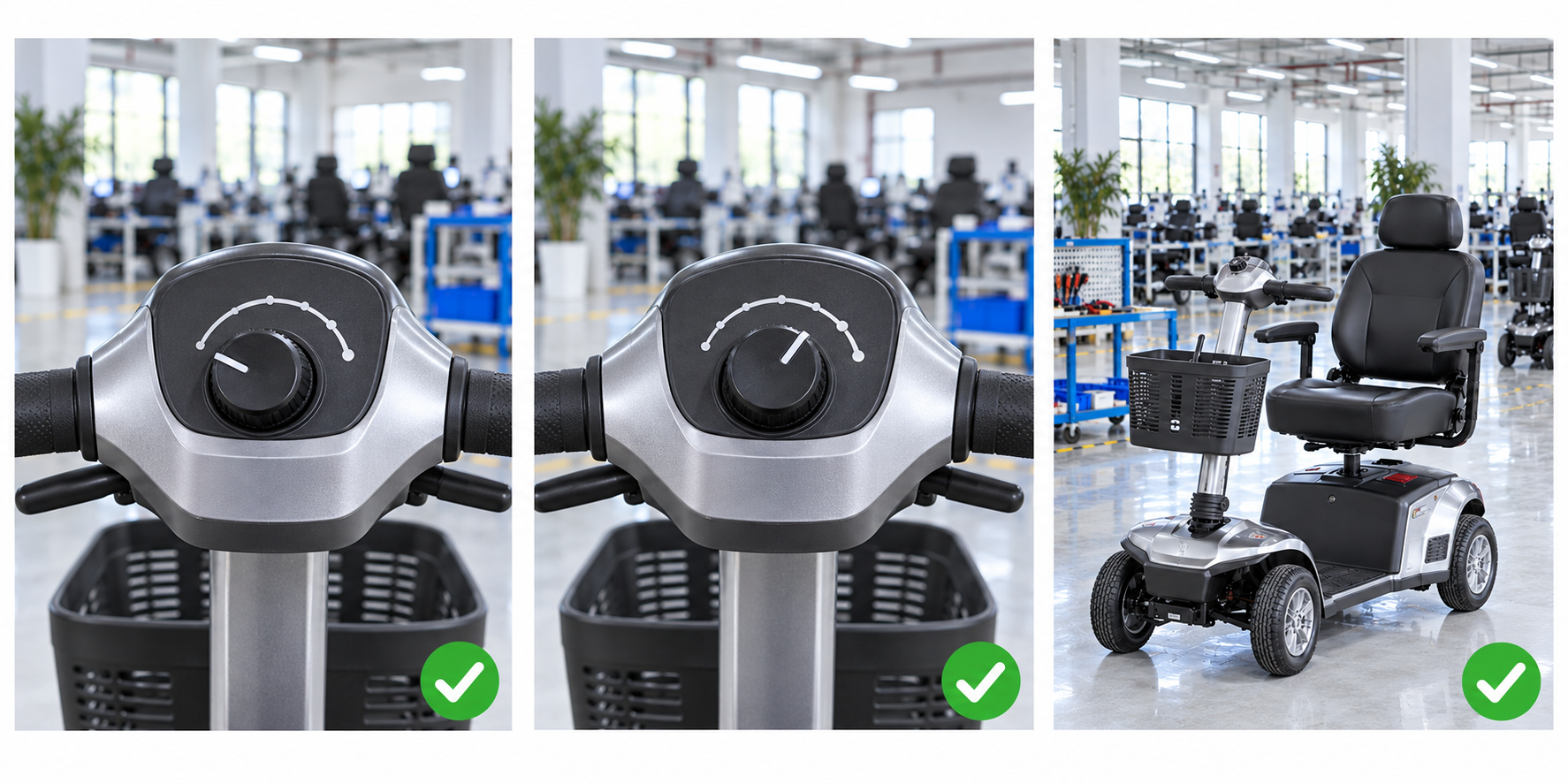 Photoreal mobility scooter speed dial review chart showing product identity, component, sample, service check and blank record