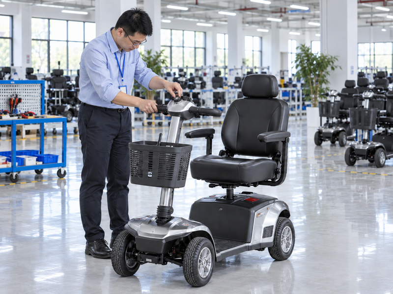 Illustrative East Asian product team reviewing the speed dial on a complete mobility scooter in a mainland China showroom