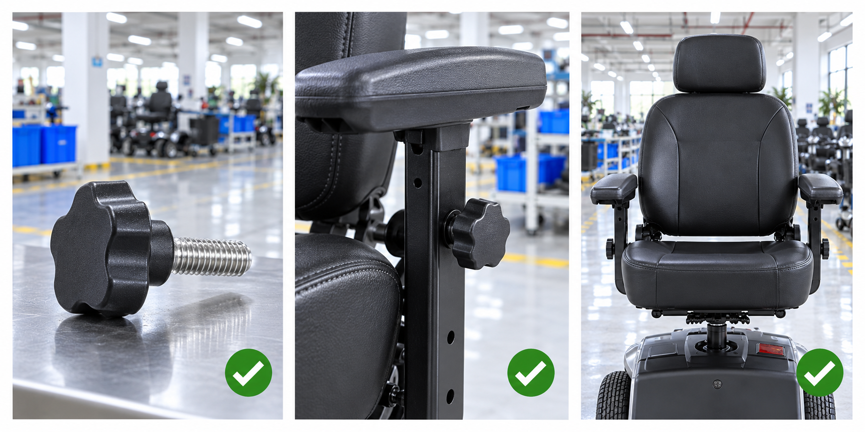 Photoreal mobility scooter armrest knob review chart showing product identity, component, sample, service check and blank record