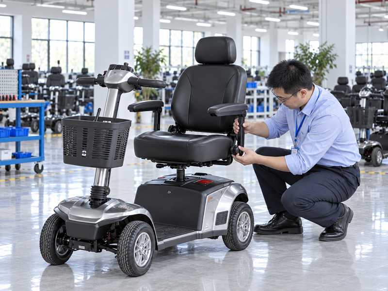 Illustrative East Asian product team reviewing the armrest knob on a complete mobility scooter in a mainland China showroom