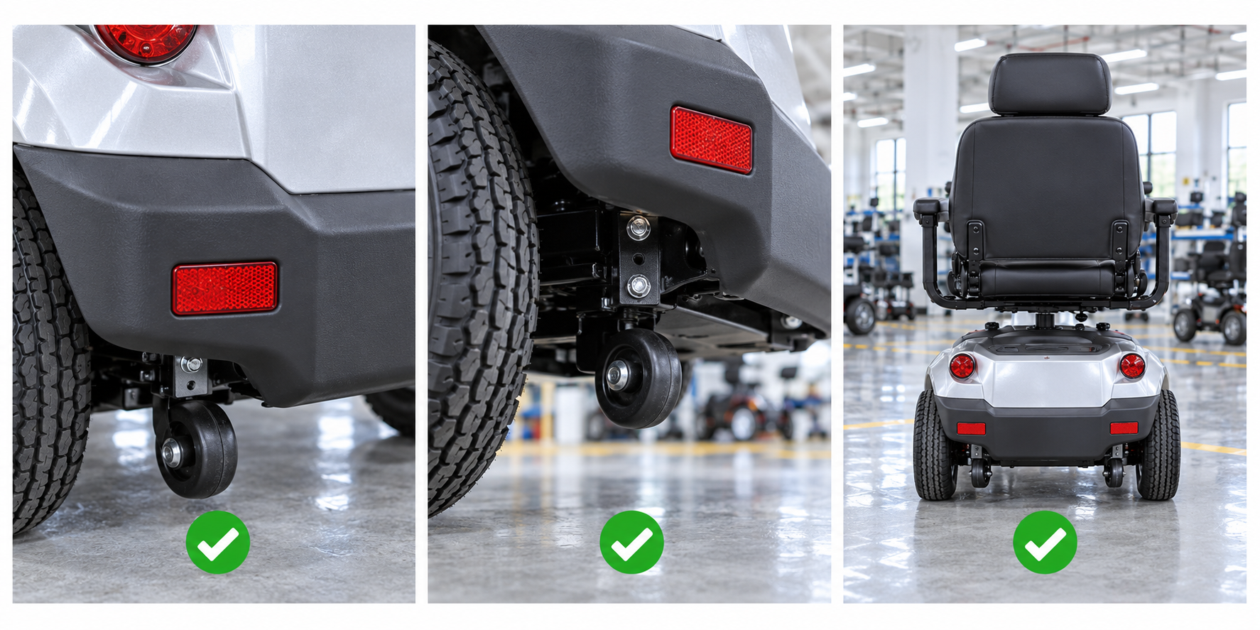 Photoreal mobility scooter rear bumper review chart showing product identity, component, sample, service check and blank record