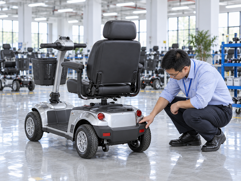 Illustrative East Asian product team reviewing the rear bumper on a complete mobility scooter in a mainland China showroom