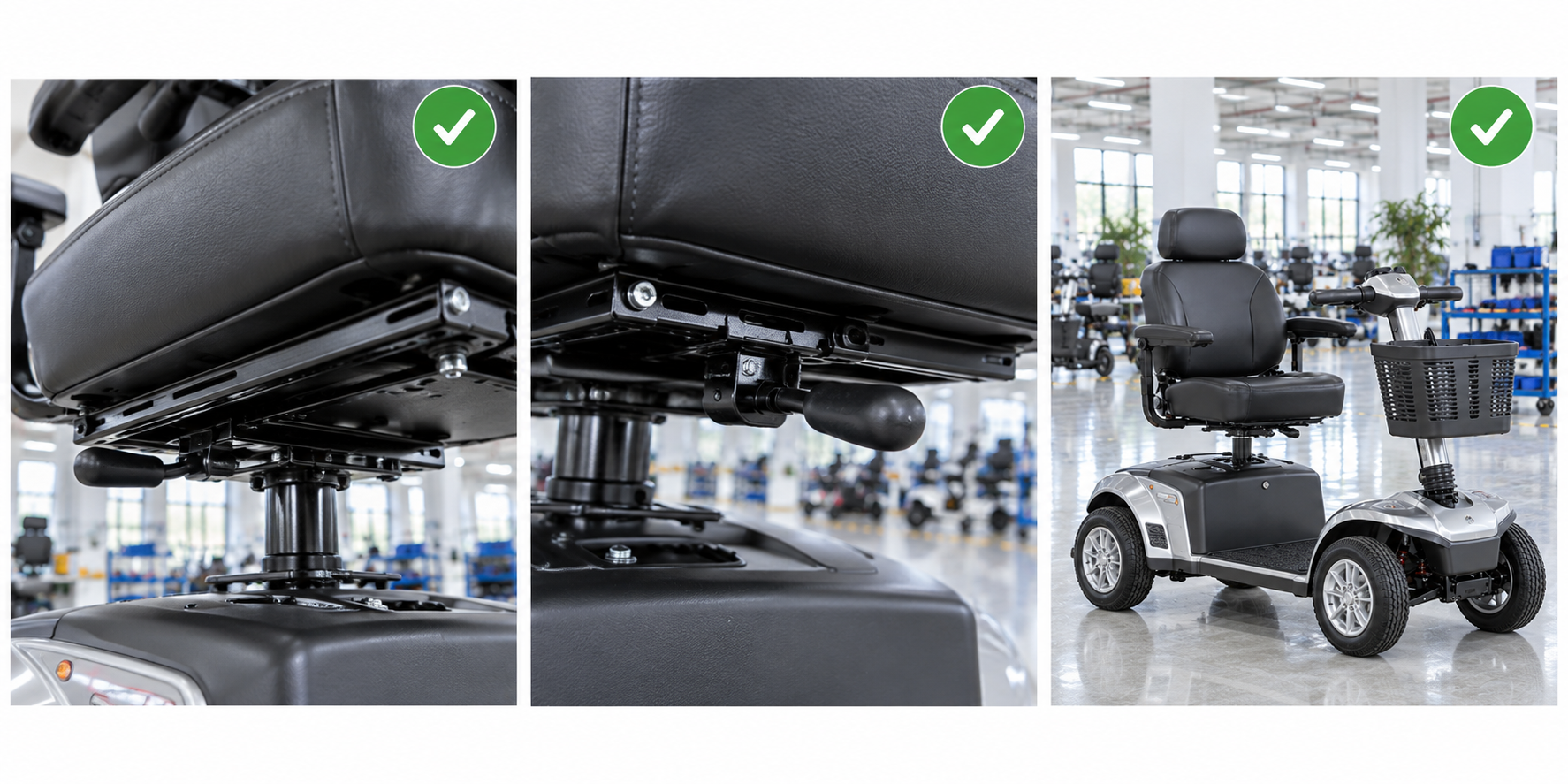Photoreal mobility scooter seat rail review chart showing product identity, component, sample, service check and blank record