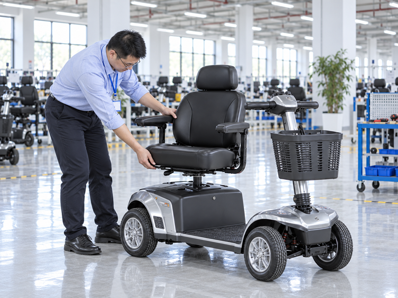 Illustrative East Asian product team reviewing the seat rail on a complete mobility scooter in a mainland China showroom