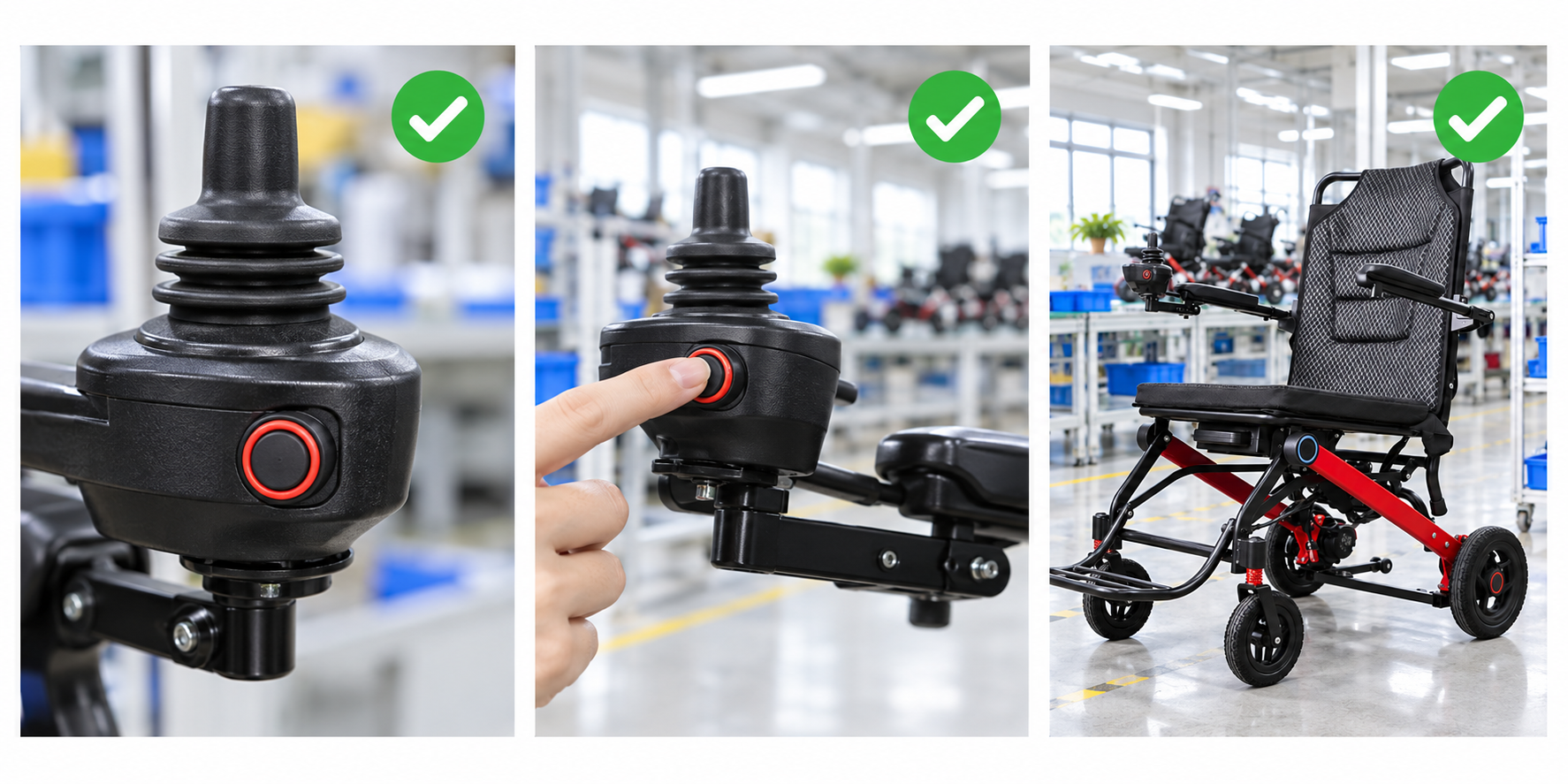 Photoreal power chair horn button review chart showing product identity, component, sample, service check and blank record