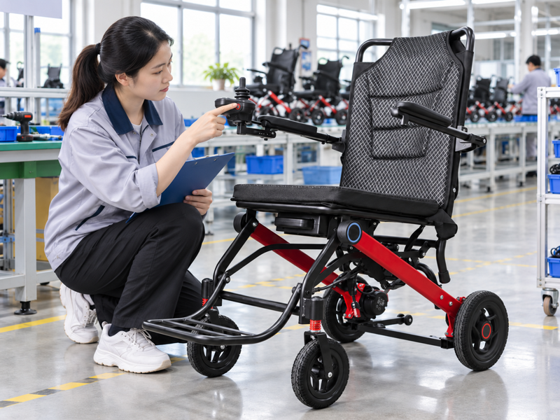Illustrative East Asian product team reviewing the horn button on a complete power chair in a mainland China showroom