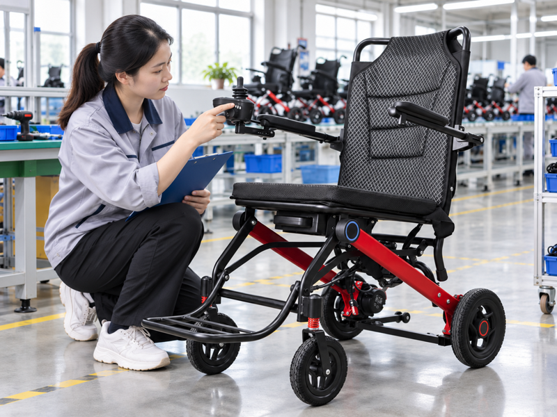 Illustrative East Asian product team reviewing the speed dial on a complete power chair in a mainland China showroom