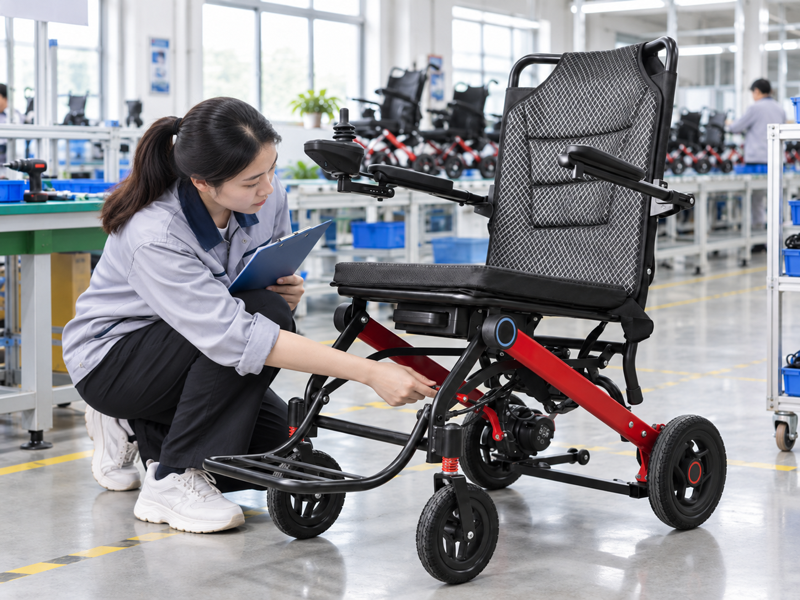 Illustrative East Asian product team reviewing the freewheel lever on a complete power chair in a mainland China showroom