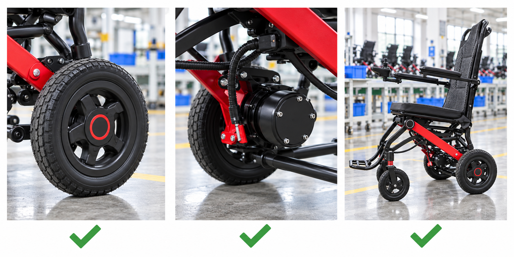 Photoreal electric wheelchair drive wheel review chart showing product identity, component, sample, service check and blank record