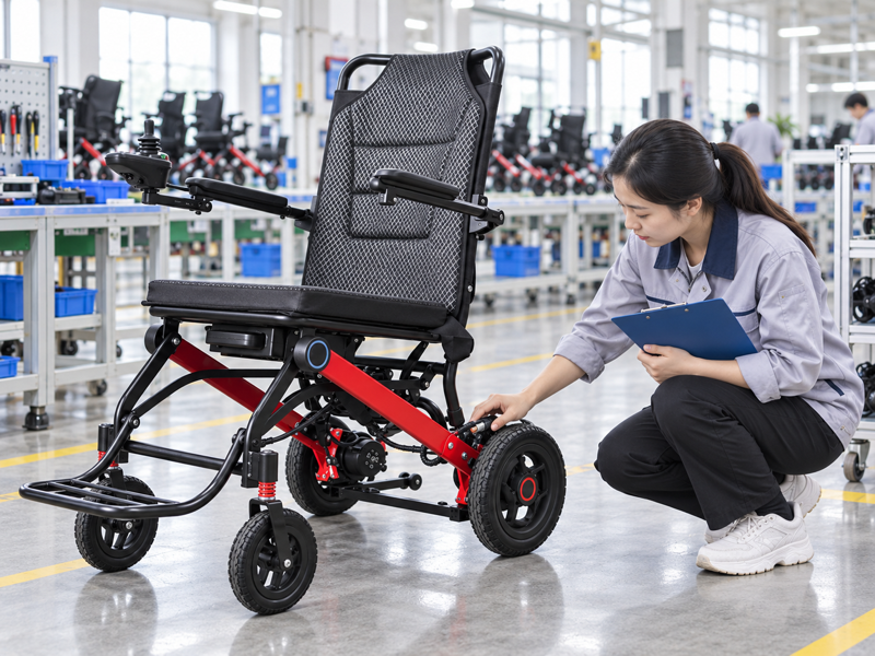 Illustrative East Asian product team reviewing the drive wheel on a complete electric wheelchair in a mainland China showroom