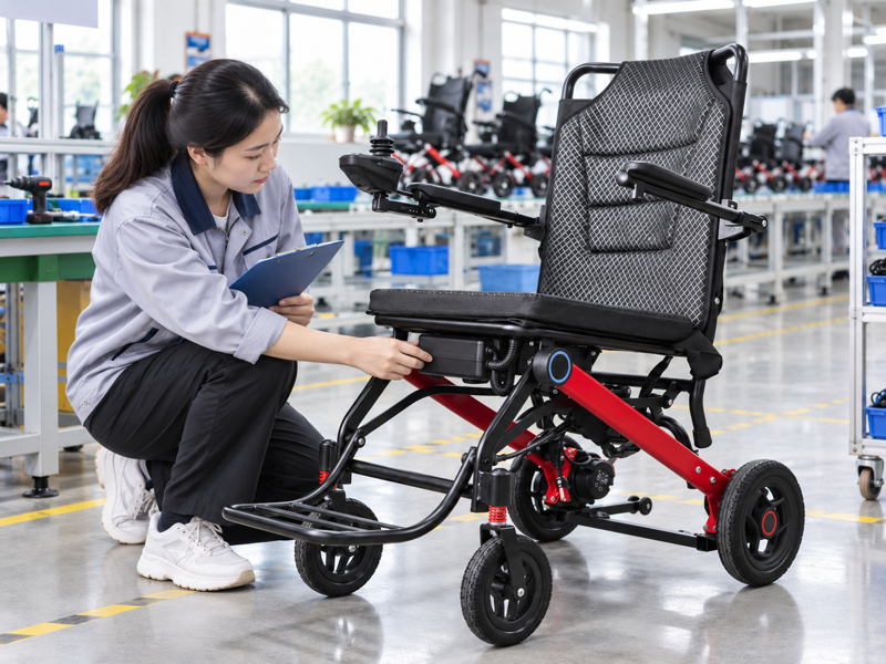 Illustrative East Asian product team reviewing the controller housing on a complete power chair in a mainland China showroom