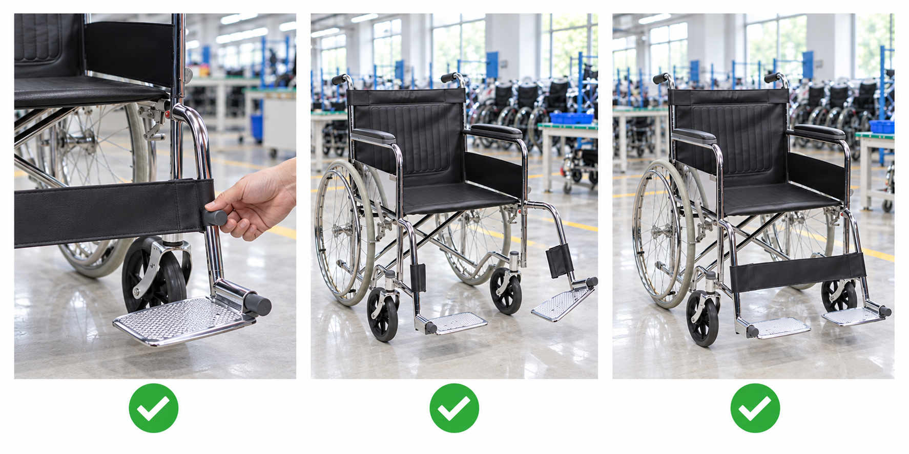 Photoreal manual wheelchair footplate release review chart showing product identity, component, sample, service check and blank record