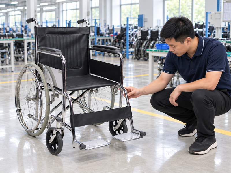Illustrative East Asian product team reviewing the footplate release on a complete manual wheelchair in a mainland China showroom