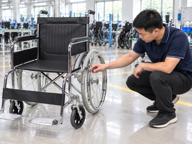 Illustrative East Asian product team reviewing the brake lever on a complete manual wheelchair in a mainland China showroom