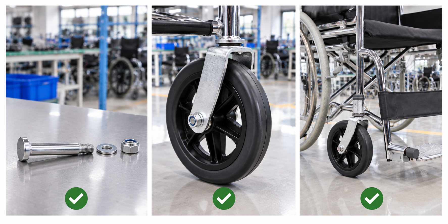 Photoreal manual wheelchair caster axle review chart showing product identity, component, sample, service check and blank record