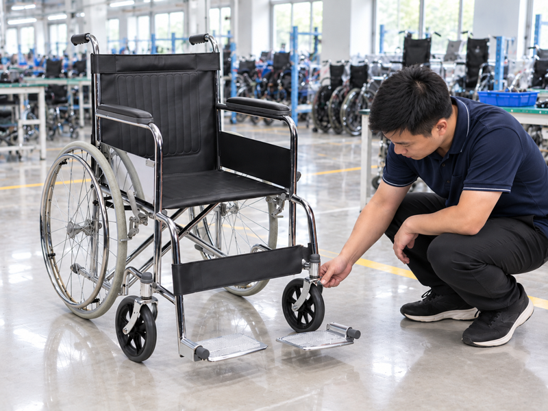 Illustrative East Asian product team reviewing the caster axle on a complete manual wheelchair in a mainland China showroom