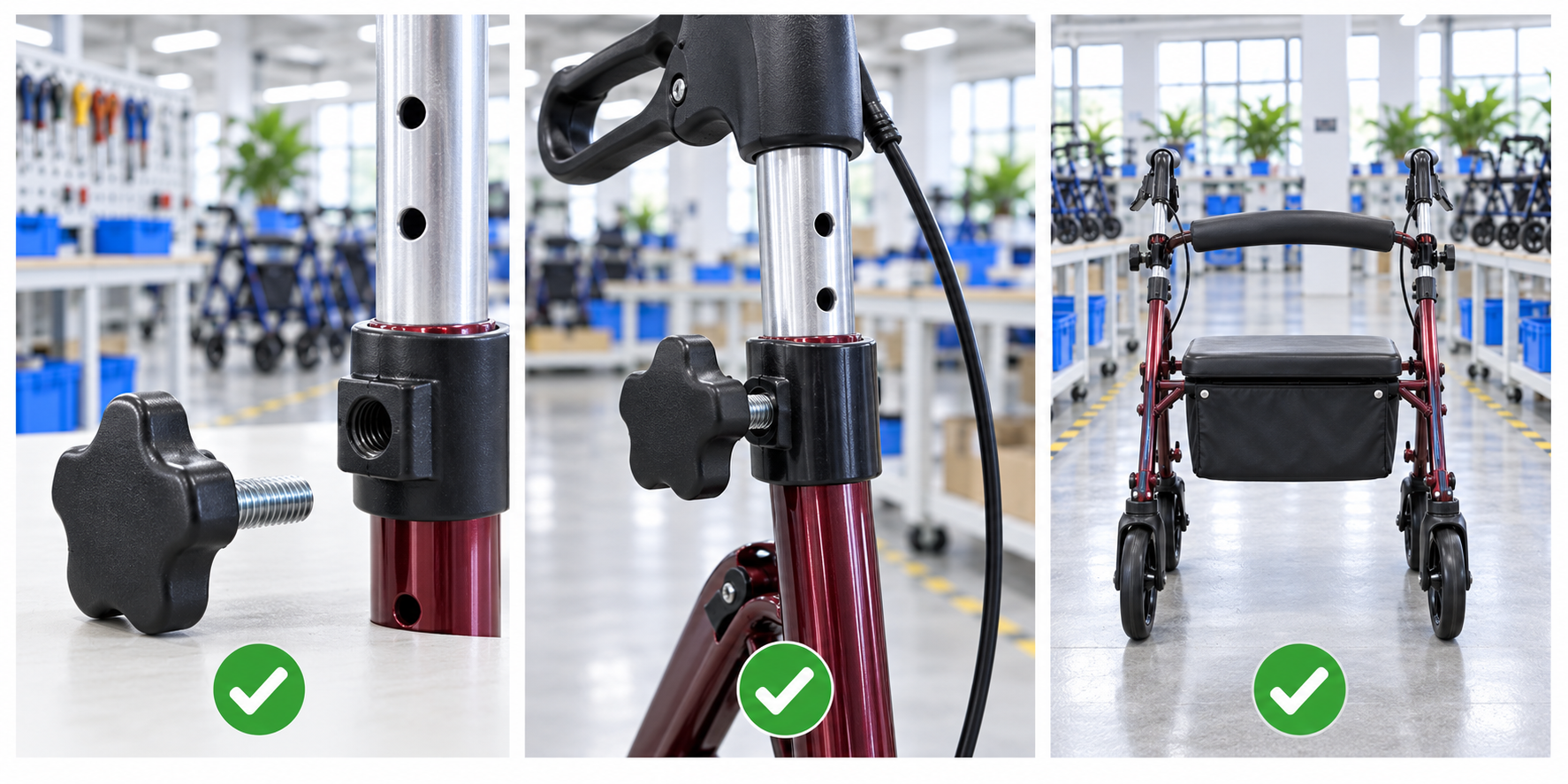 Photoreal rollator handle height knob review chart showing product identity, component, sample, service check and blank record