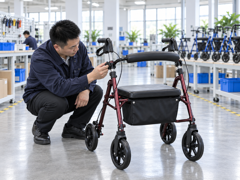 Illustrative East Asian product team reviewing the handle height knob on a complete rollator in a mainland China showroom