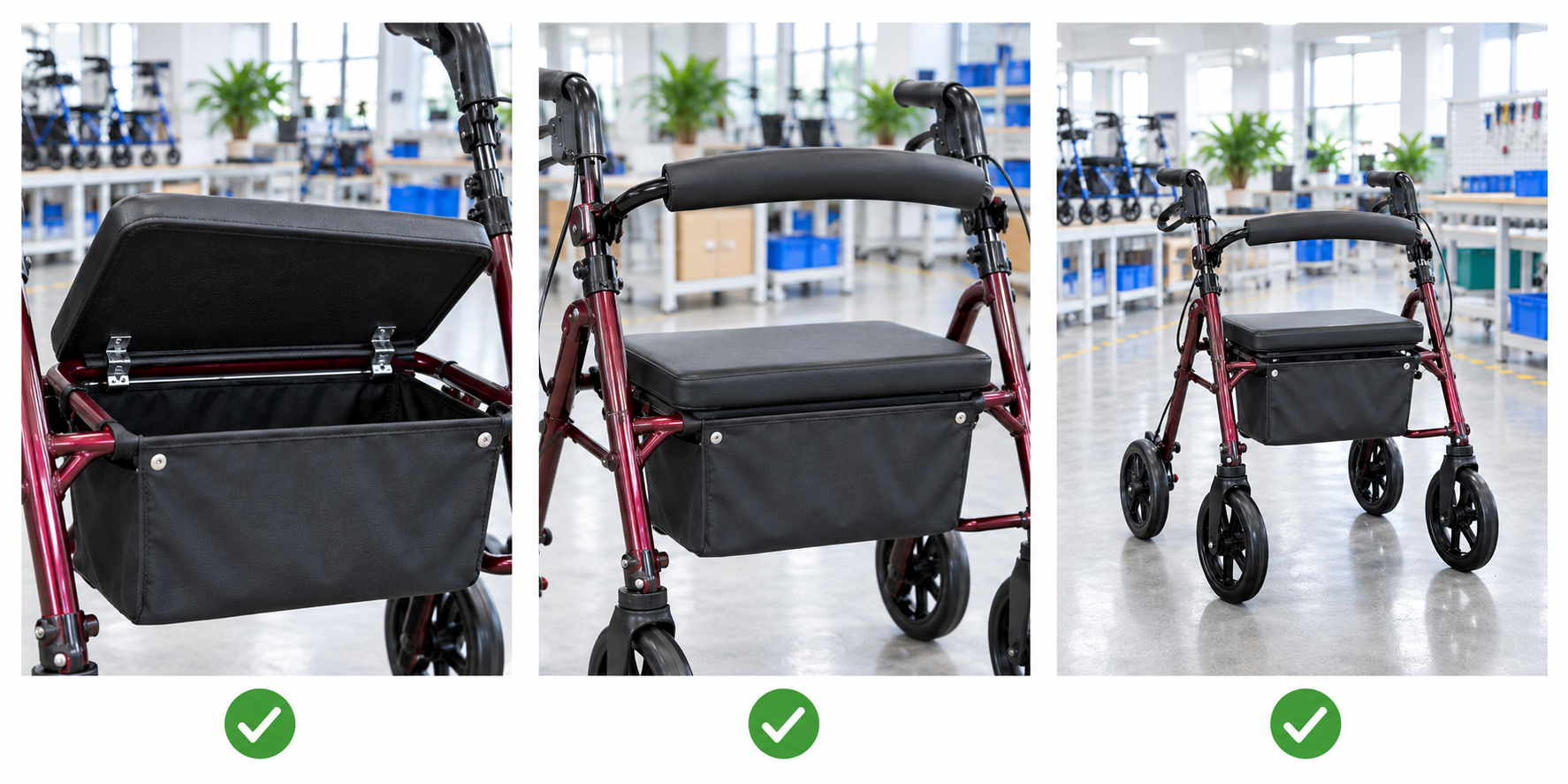 Photoreal rollator seat hinge review chart showing product identity, component, sample, service check and blank record