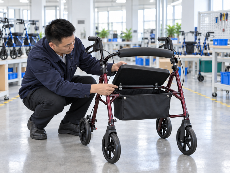 Illustrative East Asian product team reviewing the seat hinge on a complete rollator in a mainland China showroom