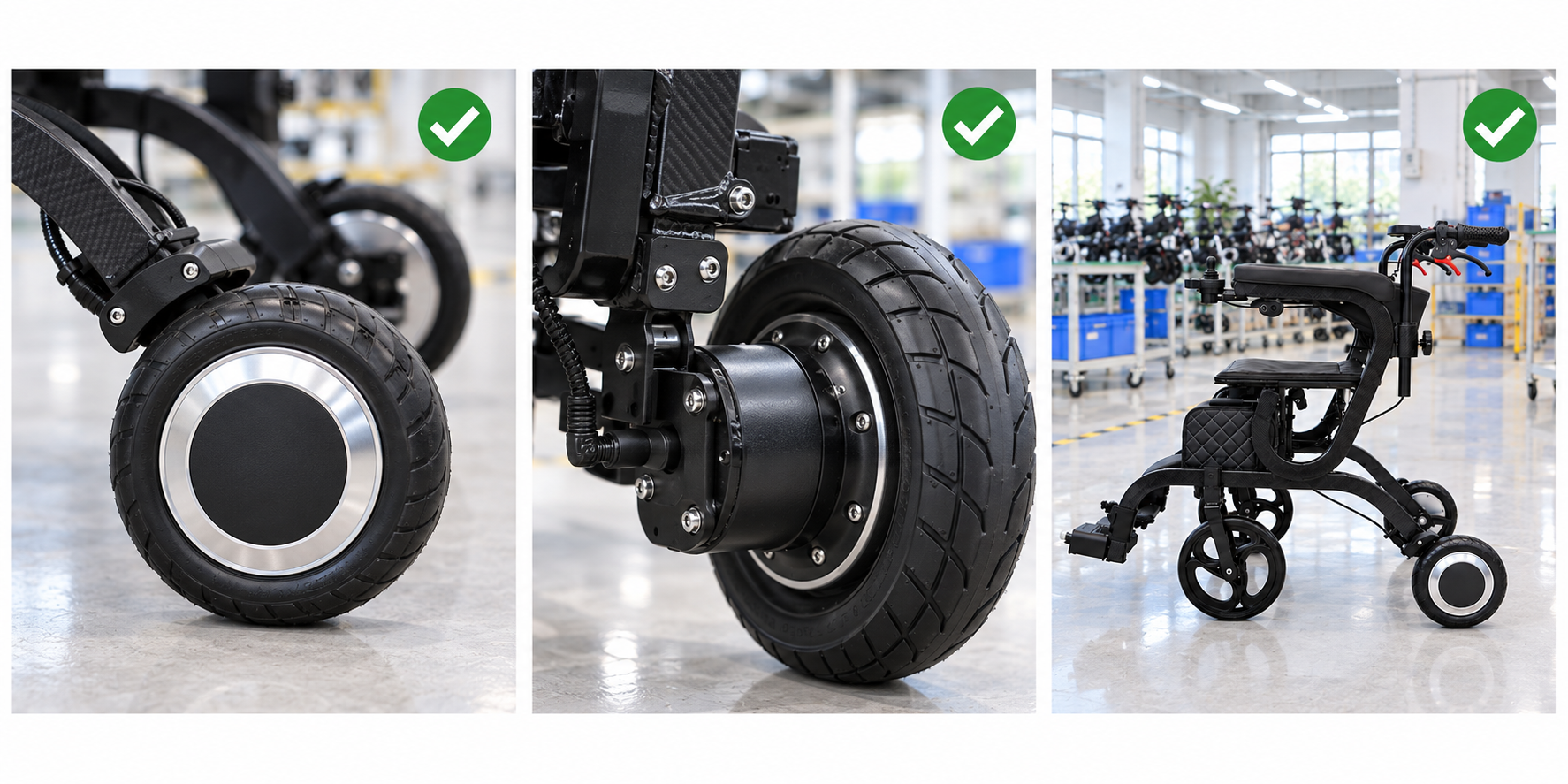 Photoreal electric walker drive wheel review chart showing product identity, component, sample, service check and blank record