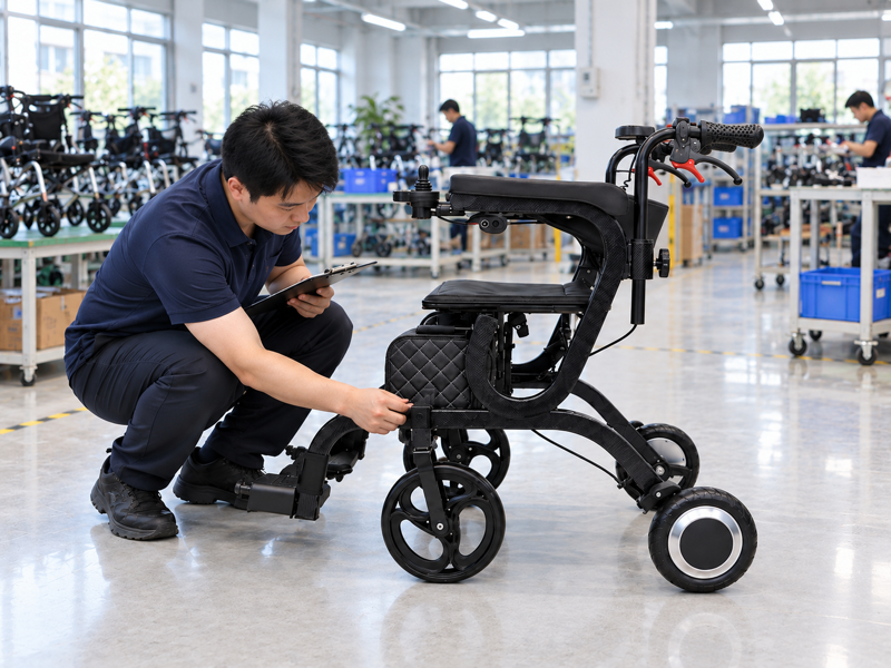 Illustrative East Asian product team reviewing the drive wheel on a complete electric walker in a mainland China showroom