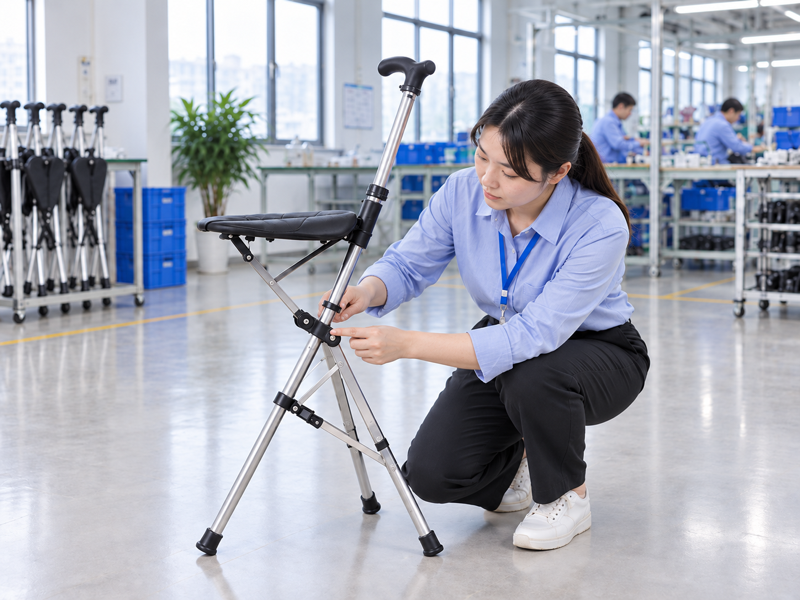 Illustrative East Asian product team reviewing the pivot pin on a complete cane seat in a mainland China showroom