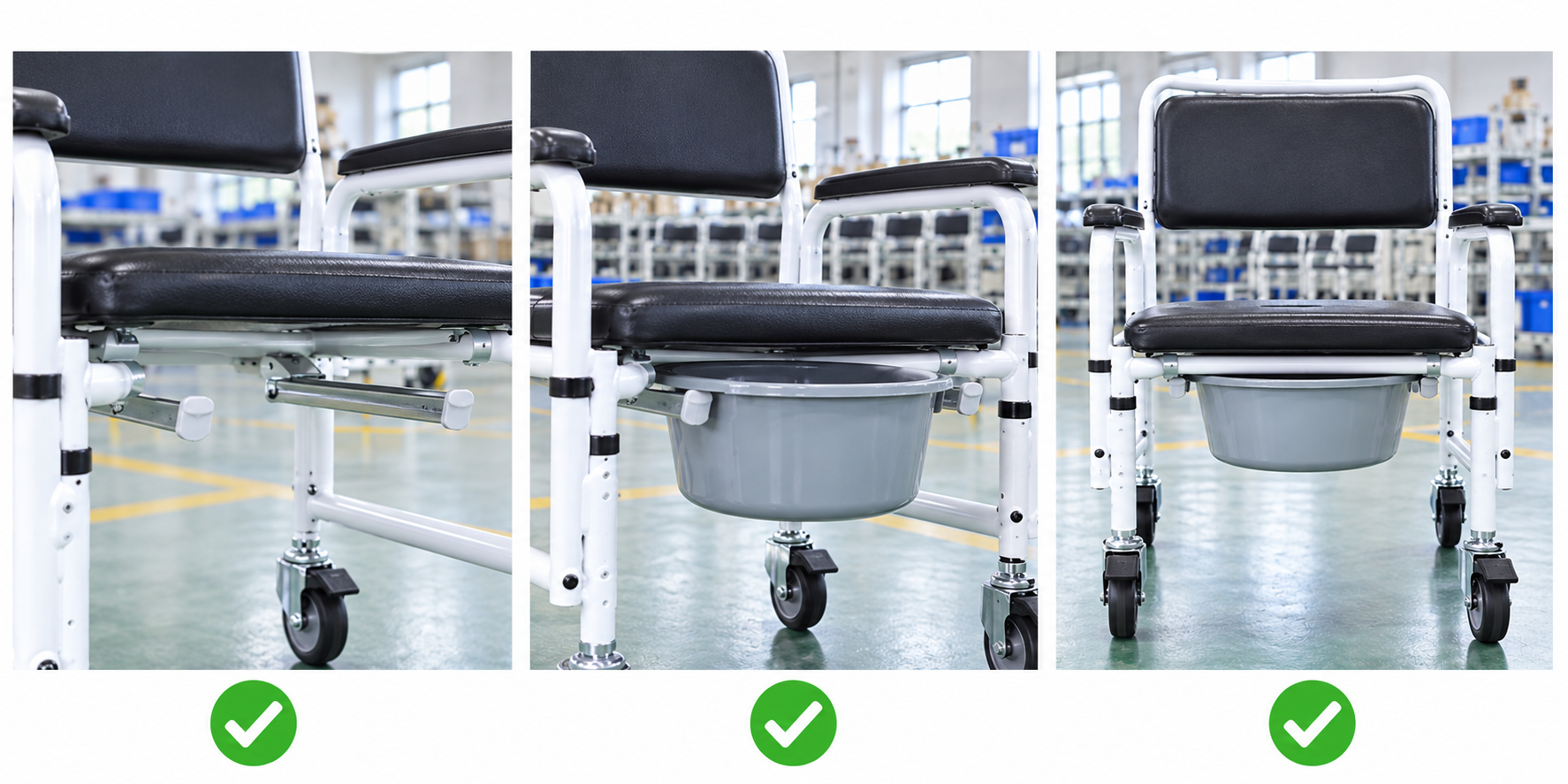 Photoreal commode chair bucket guide review chart showing product identity, component, sample, service check and blank record