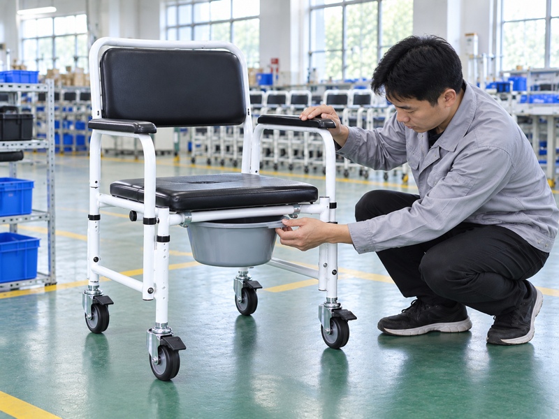 Illustrative East Asian product team reviewing the bucket guide on a complete commode chair in a mainland China showroom