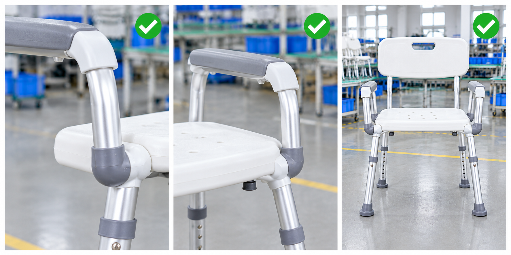 Photoreal shower chair armrest joint review chart showing product identity, component, sample, service check and blank record