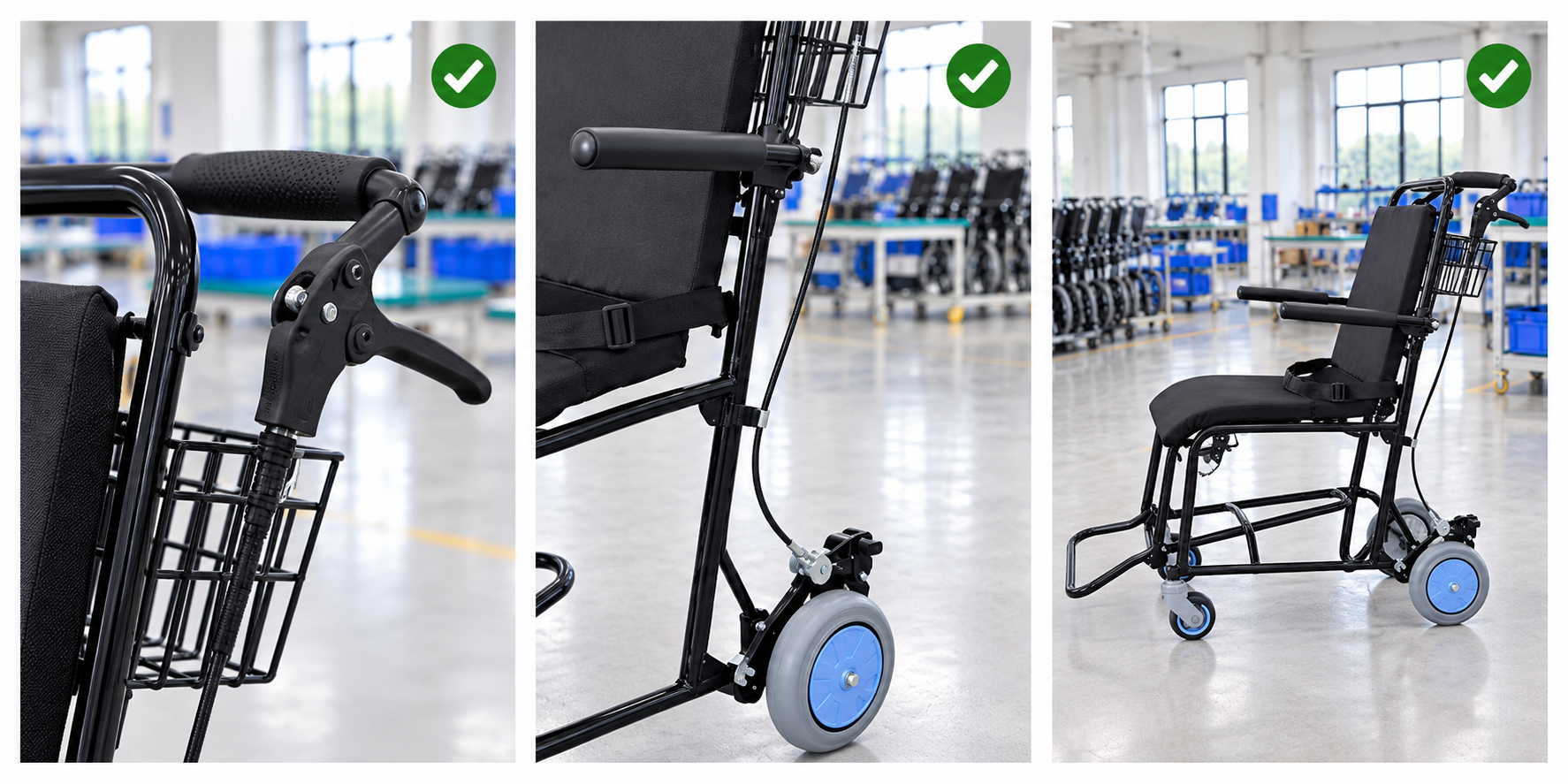Photoreal airport chair attendant brake review chart showing product identity, component, sample, service check and blank record