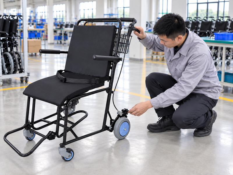 Illustrative East Asian product team reviewing the attendant brake on a complete airport chair in a mainland China showroom