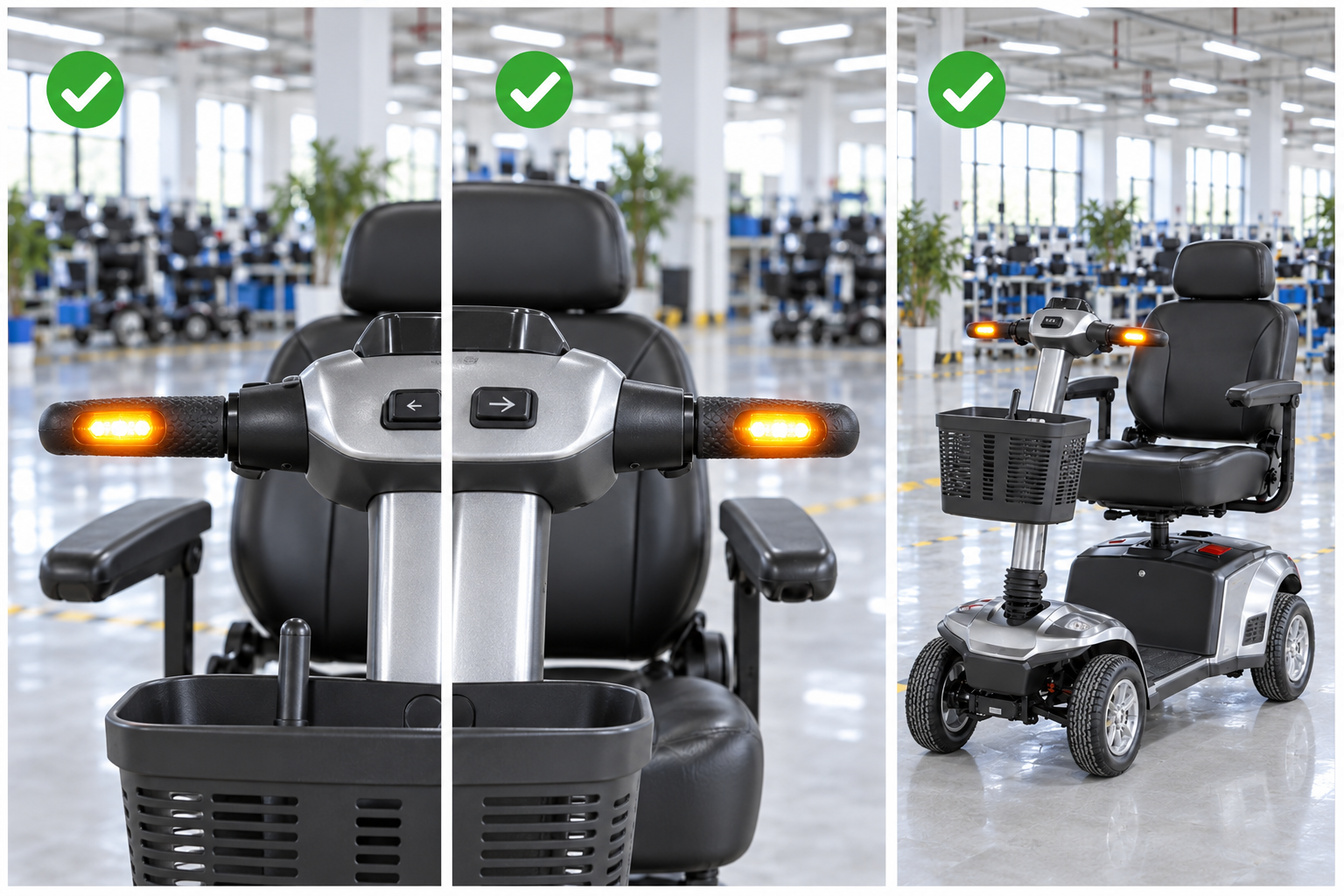 Photoreal mobility scooter turn signal switch procurement chart covering identity, measurement, inspection, service and record