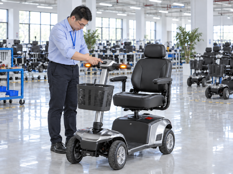 Illustrative East Asian product team reviewing the turn signal switch on a complete mobility scooter in mainland China