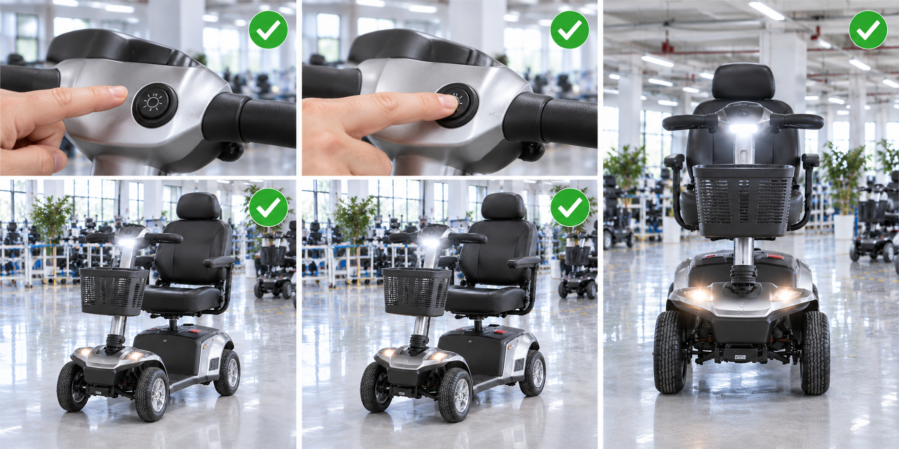 Photoreal mobility scooter headlight button procurement chart covering identity, measurement, inspection, service and record