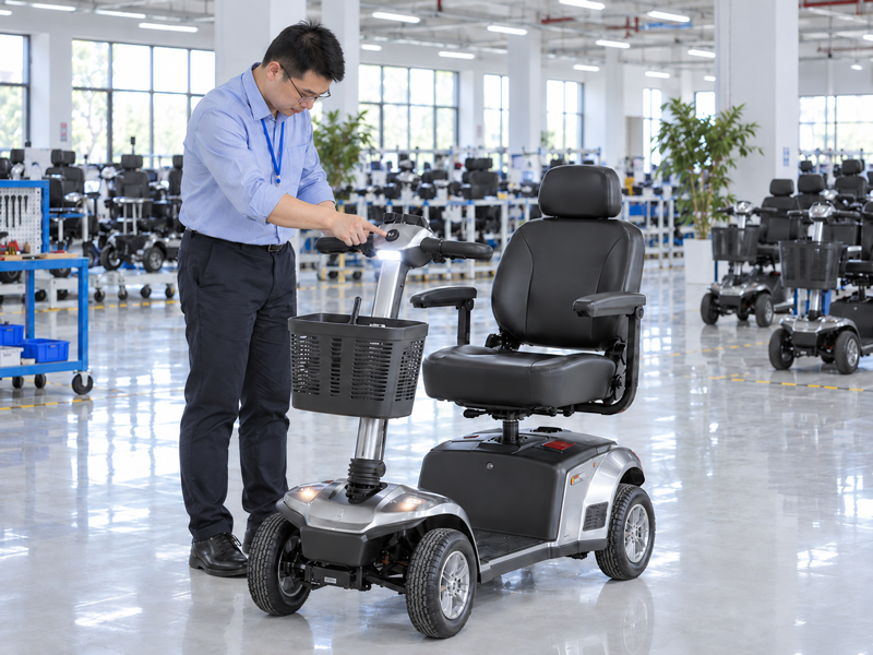 Illustrative East Asian product team reviewing the headlight button on a complete mobility scooter in mainland China