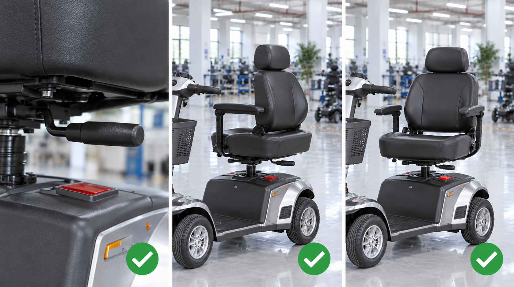 Photoreal mobility scooter seat swivel lever procurement chart covering identity, measurement, inspection, service and record