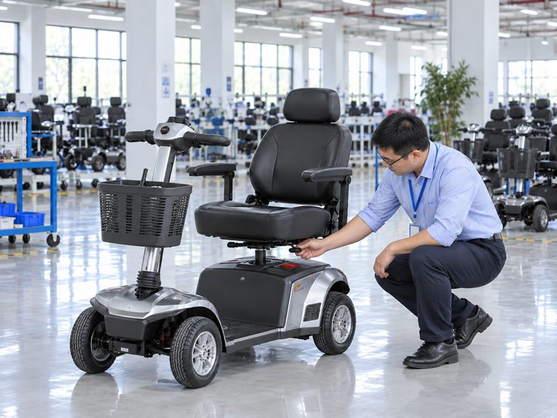 Illustrative East Asian product team reviewing the seat swivel lever on a complete mobility scooter in mainland China