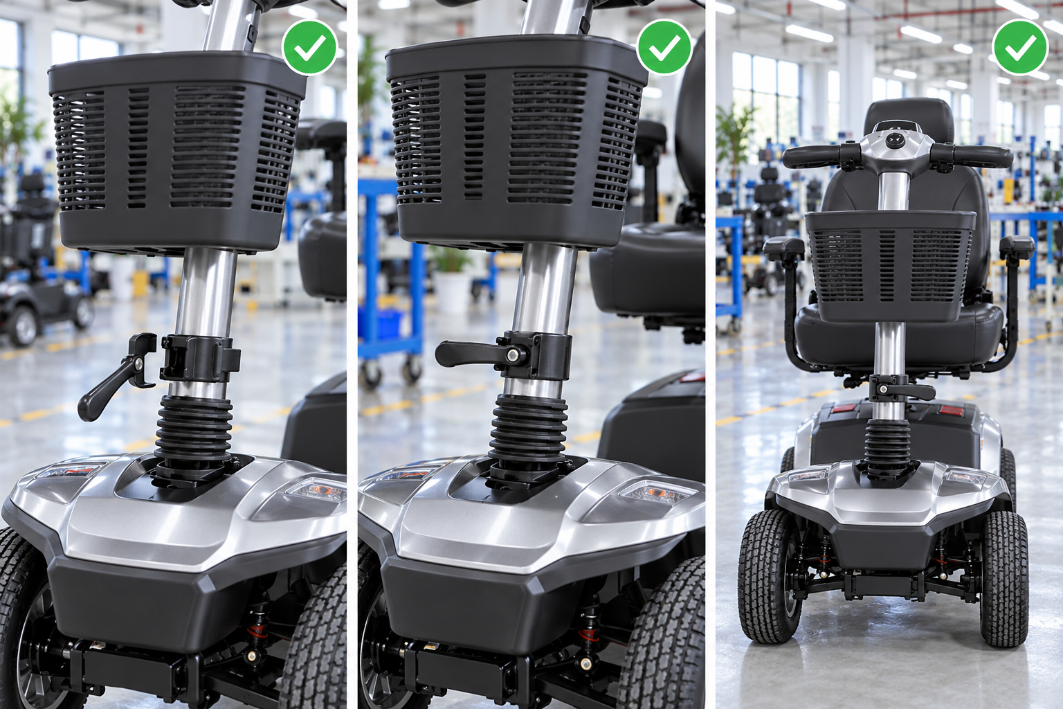 Photoreal mobility scooter tiller clamp procurement chart covering identity, measurement, inspection, service and record