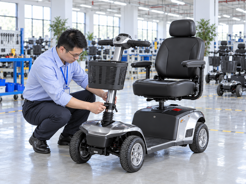 Illustrative East Asian product team reviewing the tiller clamp on a complete mobility scooter in mainland China