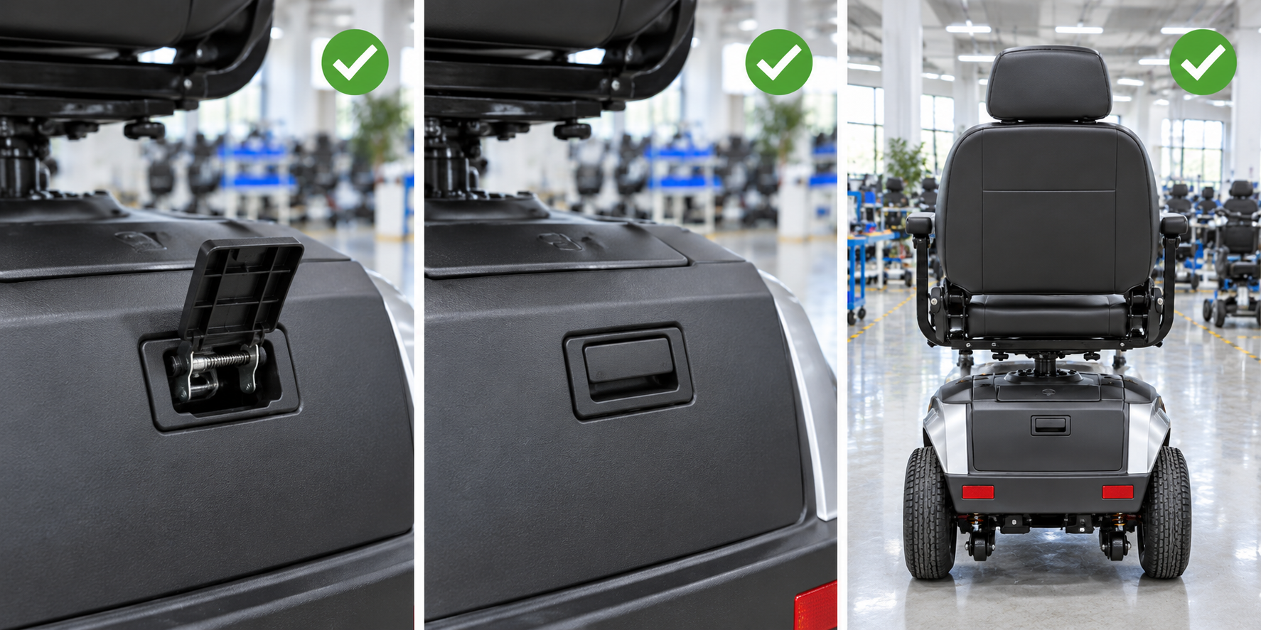 Photoreal mobility scooter battery cover latch procurement chart covering identity, measurement, inspection, service and record