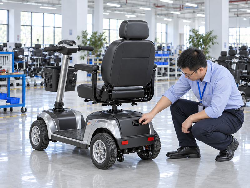 Illustrative East Asian product team reviewing the battery cover latch on a complete mobility scooter in mainland China