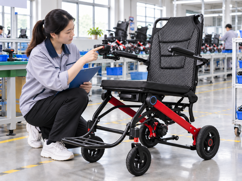 Illustrative East Asian product team reviewing the power switch on a complete power chair in mainland China