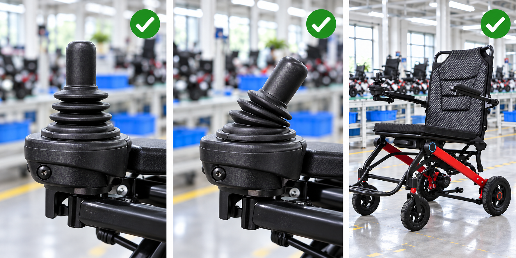 Photoreal power chair joystick boot procurement chart covering identity, measurement, inspection, service and record