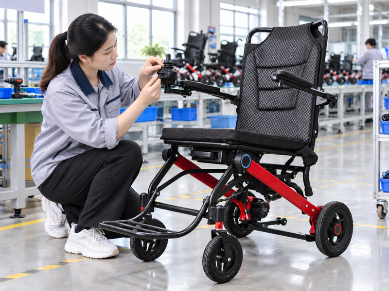 Illustrative East Asian product team reviewing the joystick boot on a complete power chair in mainland China