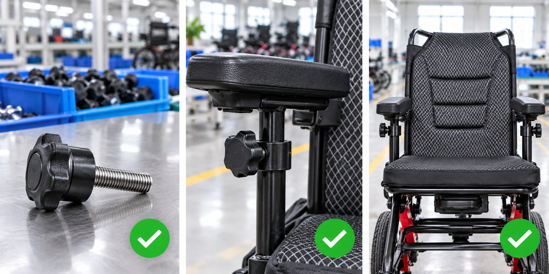 Photoreal power chair armrest knob procurement chart covering identity, measurement, inspection, service and record