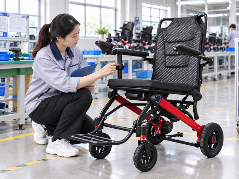 Illustrative East Asian product team reviewing the armrest knob on a complete power chair in mainland China
