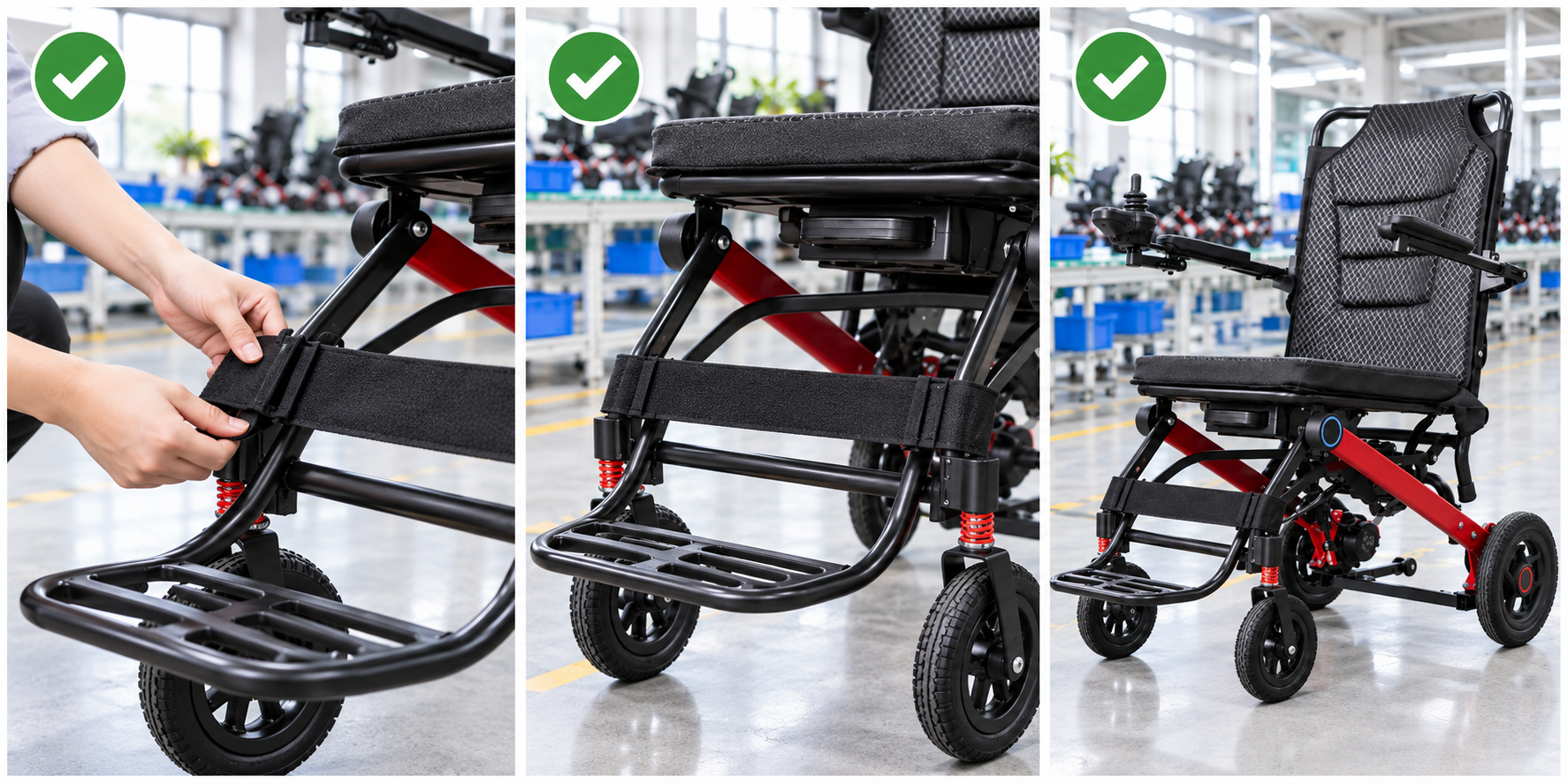 Photoreal power chair footplate strap procurement chart covering identity, measurement, inspection, service and record